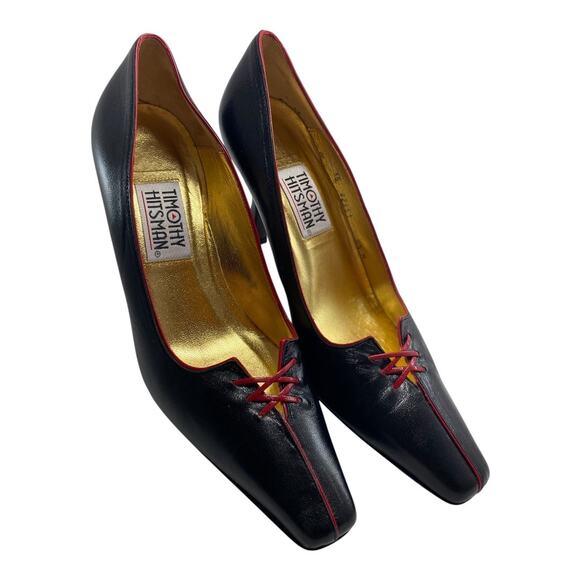 Timothy Hitsman Vintage Black Pointy Red Lace Up Detail Size 8.5 Punps Heels - Picture 2 of 8